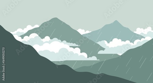 Rainy Day In The Mountain Ranges With Clouds Overlapping Between Peaks Landscape