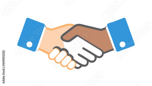 Illustration of a handshake between two people with different skin tones wearing blue shirts