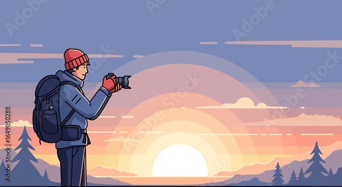 Photographer Capturing Golden Hour In Mountains A Cartoon Flat Vector Style