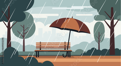 Rainy Day In The Park Illustration Featuring An Umbrella And A Bench