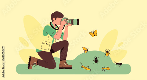 Photographer Capturing Images Of Insects In Natural Environment During Field Work
