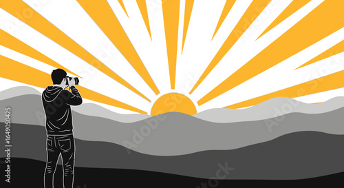 Photographer Capturing Majestic Sunrise Over Mountain Ranges Adventure Graphic