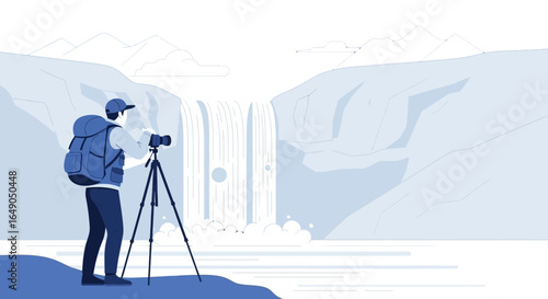 Photographer Capturing Majestic Waterfall Scenery With Professional Camera Gear