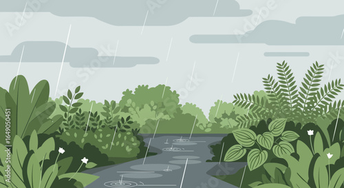Rainy Day Landscape Scene with Greenery Vector Illustration for Backgrounds