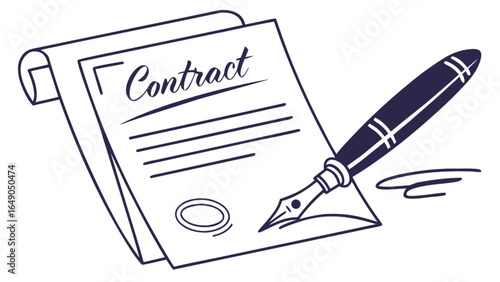 Illustration of a contract document with a fountain pen signing it on a white background image art