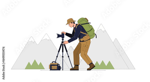 Photographer Capturing Mountain Scenery During A Backcountry Adventure With A Camera