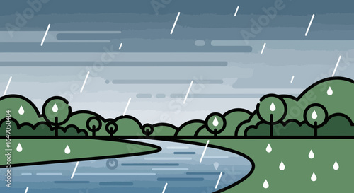 Rainy Day Landscape With River And Trees In A Minimalist Style Design