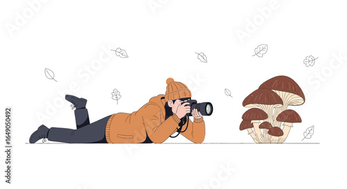 Photographer Capturing Mushroom Cluster Amidst Falling Leaves In Nature Setting
