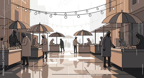 Rainy Day Market Scene Illustration With Umbrellas And Street Lights