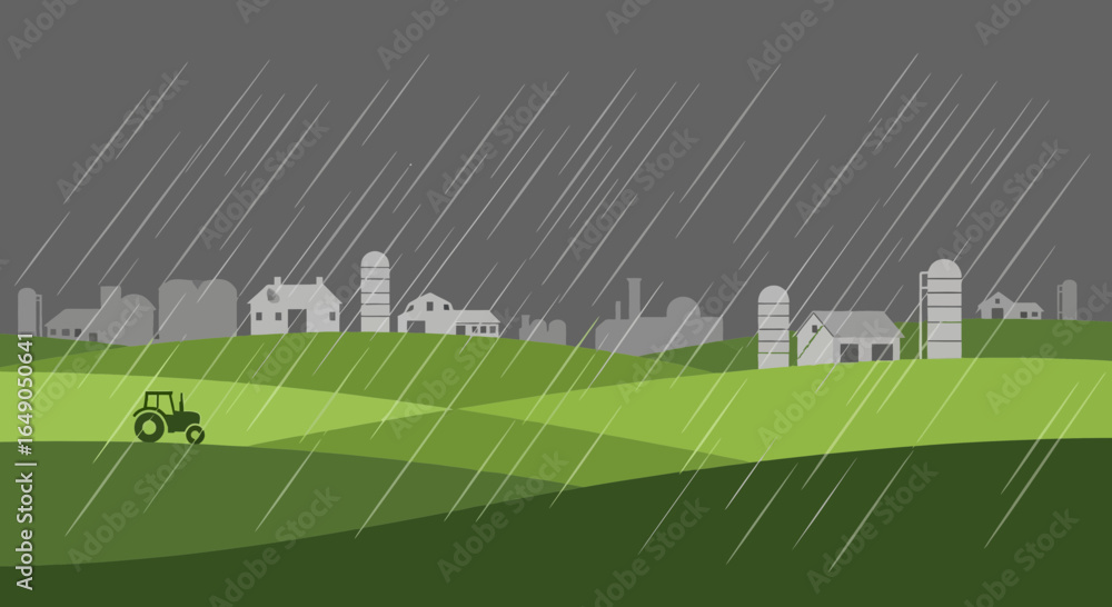 Obraz premium Rainy Day On The Farm With Tractor In Field Vector Illustration