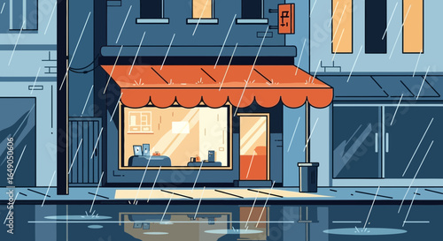 Rainy Day on Main Street: A Charming Illustration of Urban Life in the Rain