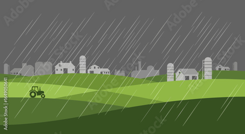 Rainy Day On The Farm With Tractor In Field Vector Illustration