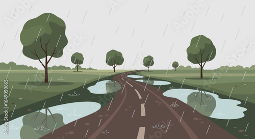 Rainy Day On Winding Road Scene With Puddles and Reflections Illustration