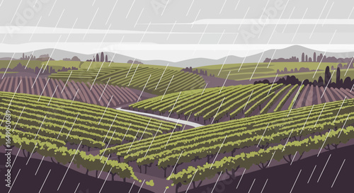 Rainy Day Over Vineyard Scenic View With Hills And Mountains Landscape