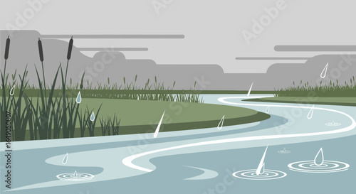 Rainy Day River Scene With Cattails And Minimalist Landscape Design