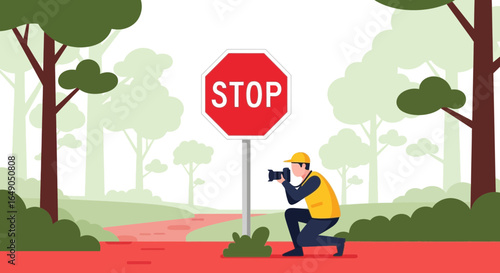 Photographer Capturing Stop Sign In Serene Forest Environment With Artistic Style