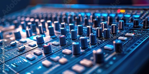 Close-up of podcast audio mixer knobs and sound levels Stock photo