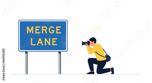 Photographer Capturing The Essence of a Merge Lane Concept on Signboard