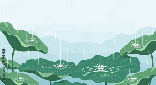 Rainy Day Scene Featuring Lush Lotus Pads And Serene Mountain Backdrop
