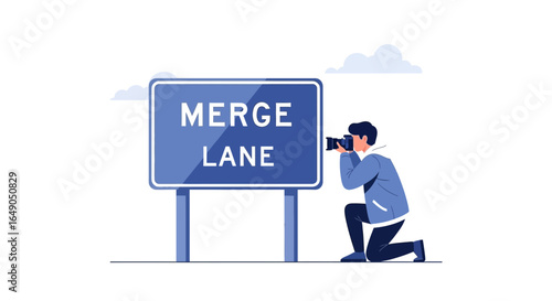 Photographer Capturing The Essence Of A Merge Lane Sign Concept
