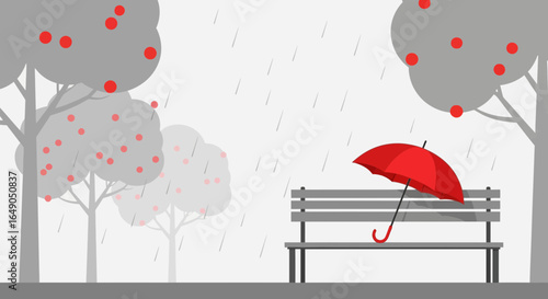 Rainy day scene with red umbrella on a bench in the park vector illustration