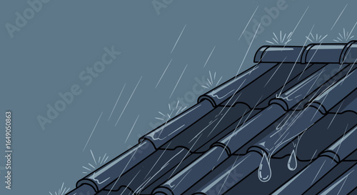 Rainy Day Scene Depicting Water Runoff On Dark Roof Tiles On Grey Sky
