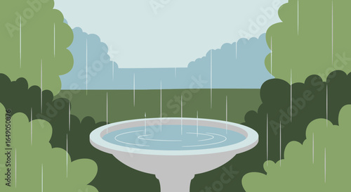 Rainy Day Serenity Birdbath Water Ripples Pastoral Scene Illustration