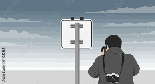 Photographer Capturing Unusual Public Sign Under Overcast Sky Flat Vector Illustration