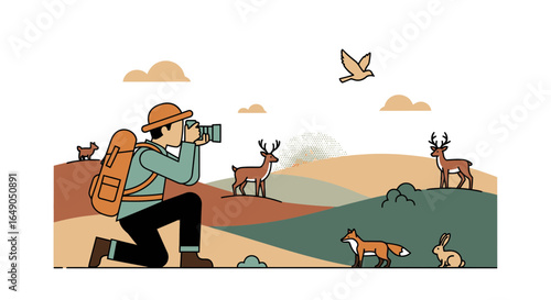 Photographer Capturing Wildlife On Camera In Natural Environment Illustration Design