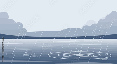 Rainy Day Scene With Ripples On The Water Surface And Overcast Clouds