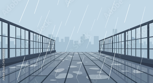 Rainy Day Urban Balcony Scene With City Skyline Vector Illustration