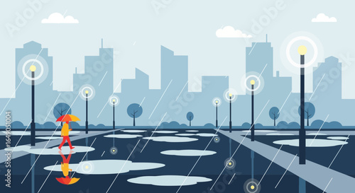 Rainy Day Stroll Through Urban Park With Person Under Umbrella