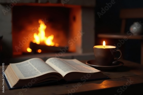 Wallpaper Mural Burning candle illuminates books & coffee near fireplace , close up, cozy, autumn Torontodigital.ca