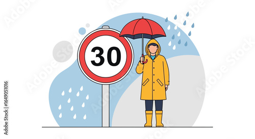 Rainy Day Stroll With Speed Limit Awareness For Pedestrian Safety Cartoon Vector