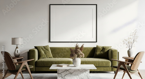 Modern living room with olive green sofa and minimalist decor