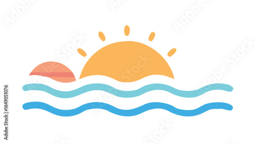 Illustration of a sunrise with an orange sun and blue waves in a simple and clean design style