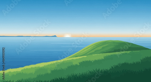 Picturesque Coastal Meadow At Sunrise With Tranquil Ocean Vista
