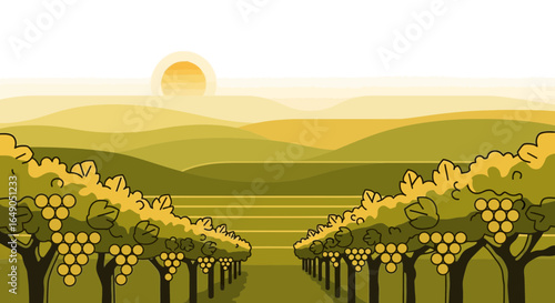 Picturesque Vineyard Landscape With Rows Of Grapevines And Rolling Hills At Sunset