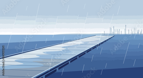 Rainy Landscape Scene Showing a Pier Over the Ocean on a Cloudy Day