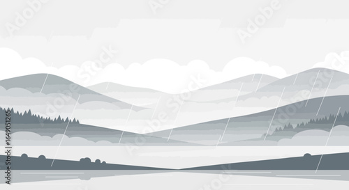 Rainy Landscape With Layers Of Mountains In Monochromatic Gray Hues