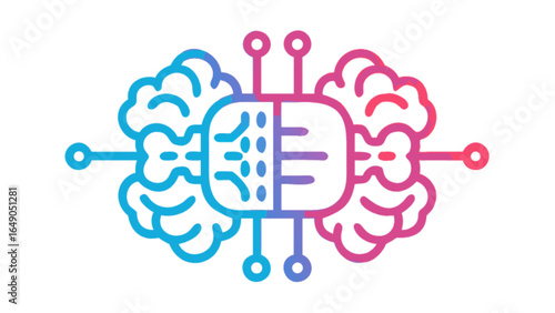 Illustration of two brains connected to a central processor with gradient color scheme design style