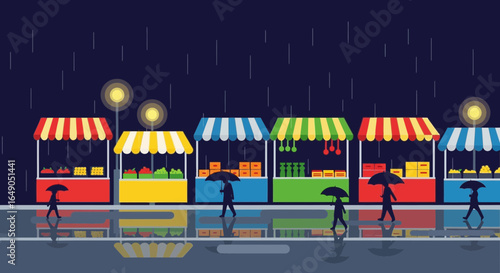 Rainy Night Market Scene With Colorful Stalls And Pedestrians With Umbrellas