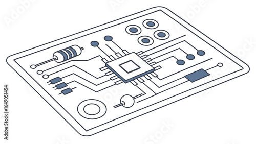 Illustration of a circuit board with a microchip resistor capacitors and other components shown