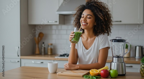 Wallpaper Mural Happy woman enjoying a healthy green smoothie in her kitchen Torontodigital.ca