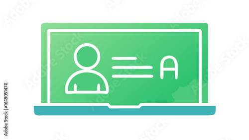 Green laptop screen showing a person icon with lines and the letter a on the right side