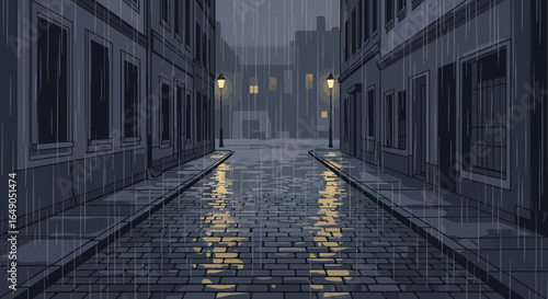 Rainy Night On A Cobblestone Street With Vintage Streetlights Illustration