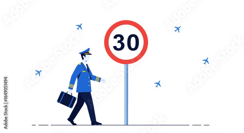 Pilot Walking Near Speed Limit Sign Representing Airline Regulations Enforcement