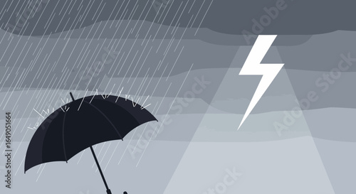 Rainy Season Illustration With Lightning Strike And Protective Umbrella