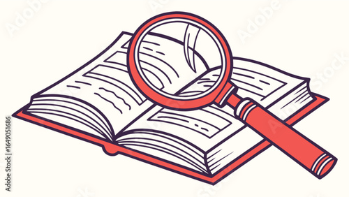 Illustration of an open book with pages and text being examined by a magnifying glass tool