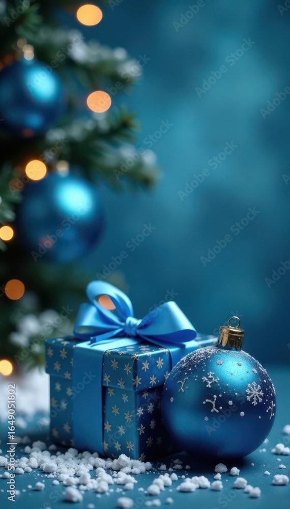 Fototapeta premium Classic blue Christmas baubles and gift box on a blue stone background Festive winter scene , details, blue